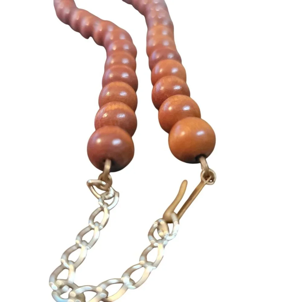 Vintage West Germany Wooden Beaded Necklace With Gold-tone Chain Clasp